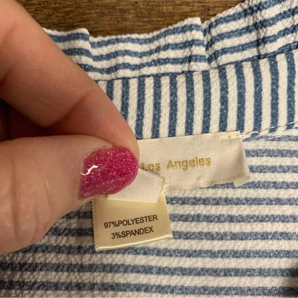 Monteau Los Angeles blue/white seersucker blouse size large mandarin collar - Picture 5 of 7